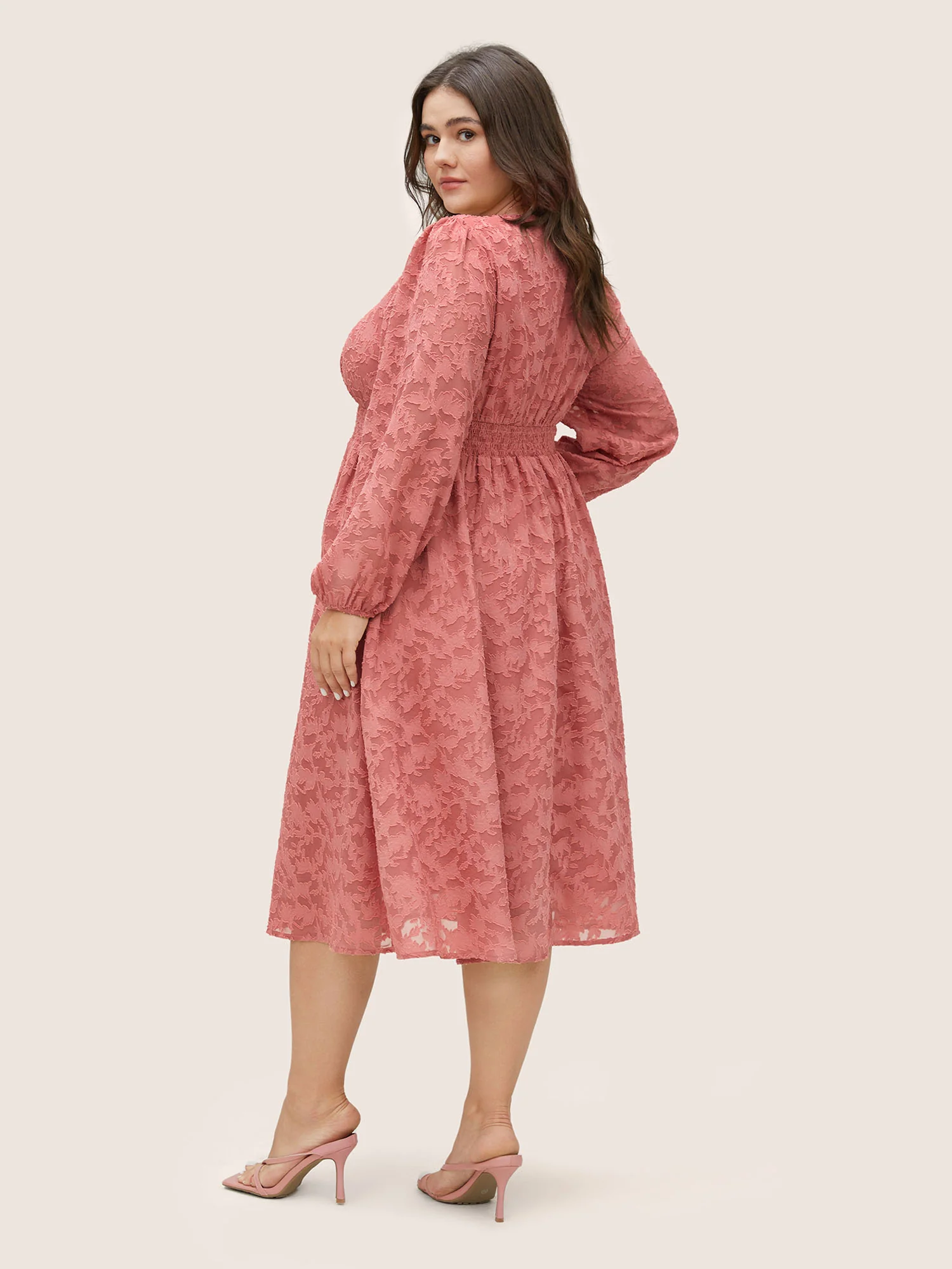 Jacquard Texture Shirred Elastic Waist Dress - Image 3