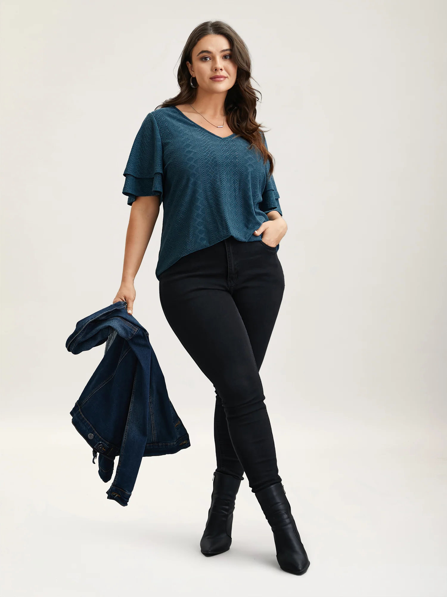 Jacquard Textured Lotus Leaf Sleeve Top - Image 2