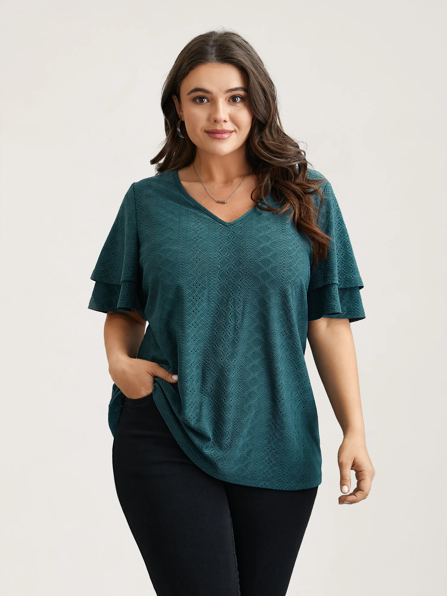 Jacquard Textured Lotus Leaf Sleeve Top - Image 5