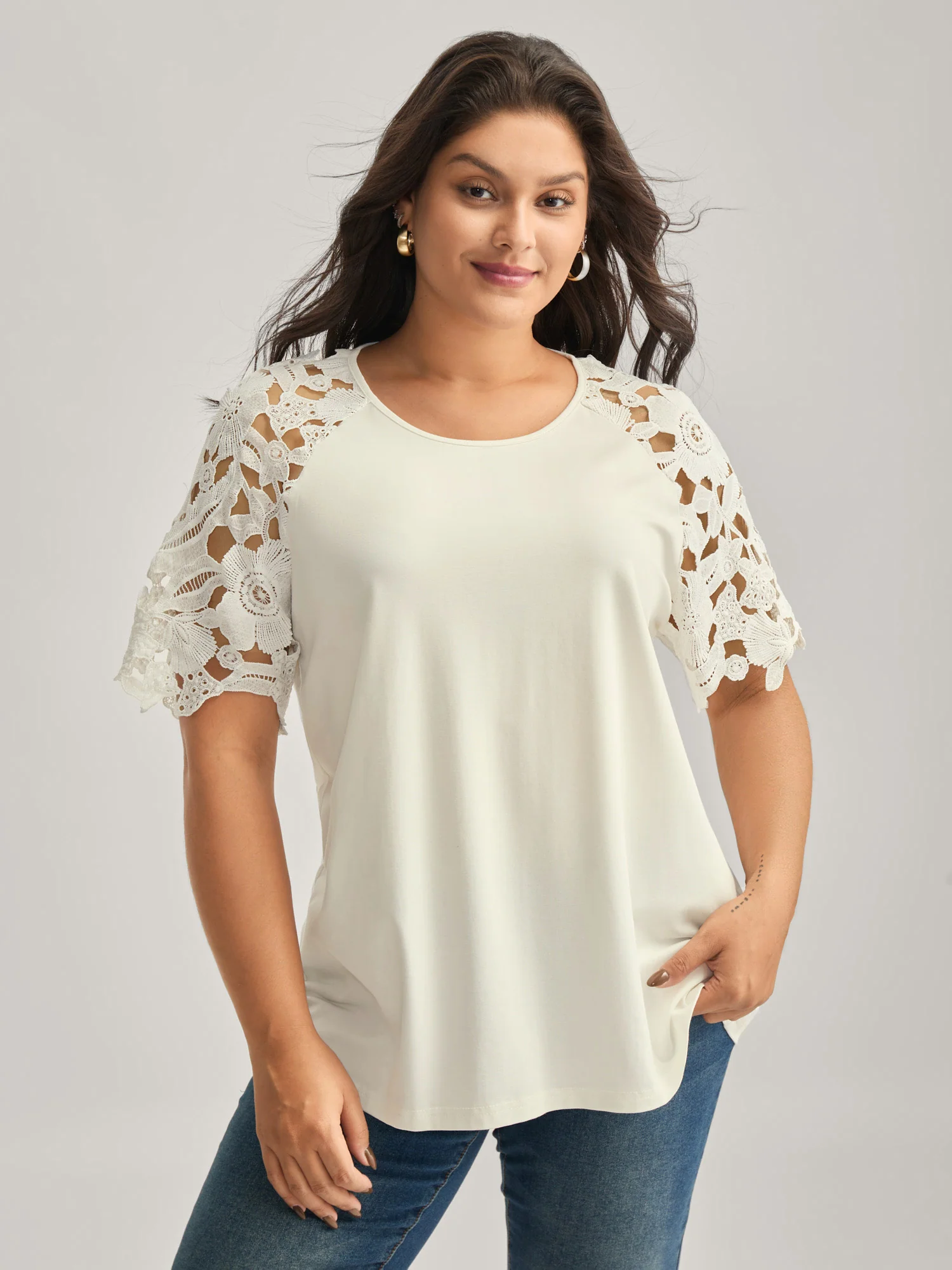 Lace Cut-Out Sleeve Solid T-Shirt