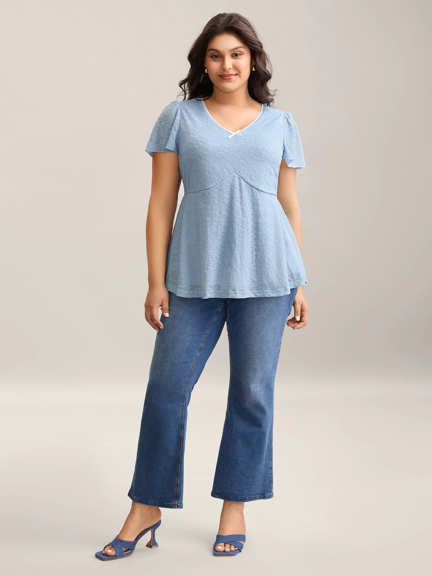 Lace Lotus Leaf Sleeve Plain Babydoll Top - Image 3