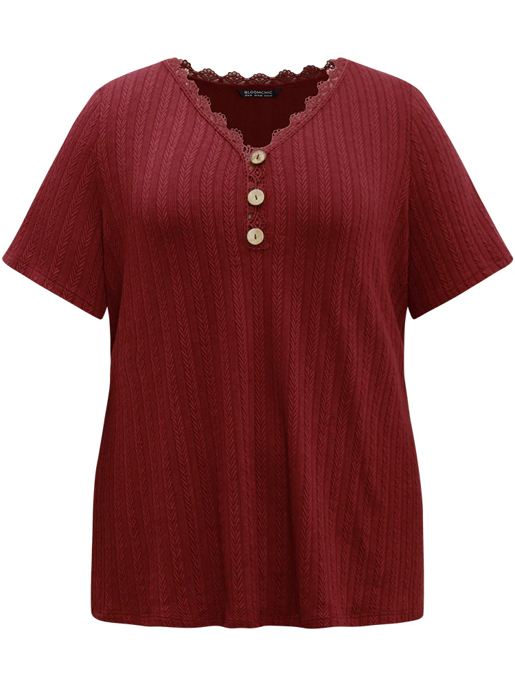 Lace Trim Plisse Button Detail T-shirt - Image 6