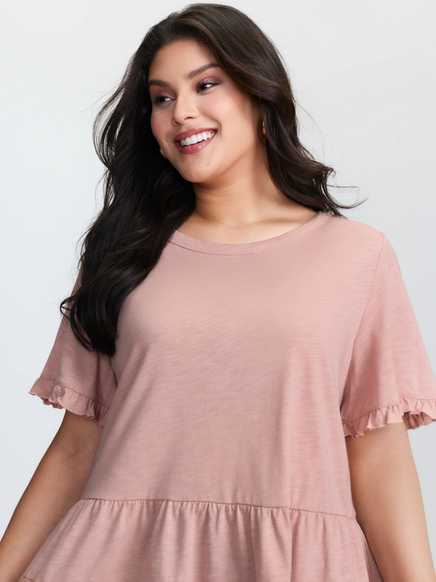 Lace Trim Ruffled Hem Plain Knit Top - Image 2