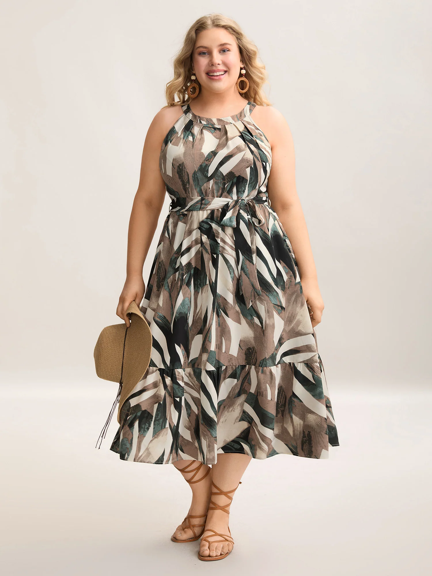 Leaf Print Halter Neck Tiered Midi Dress