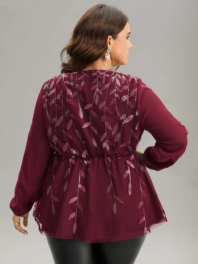 Leaves Embroidered Sequin Tiered Mesh Blouse - Image 8