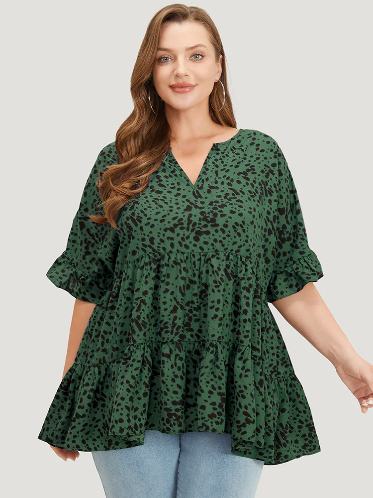 Leopard Tiered Hem Notched Ruffle Sleeve Blouse