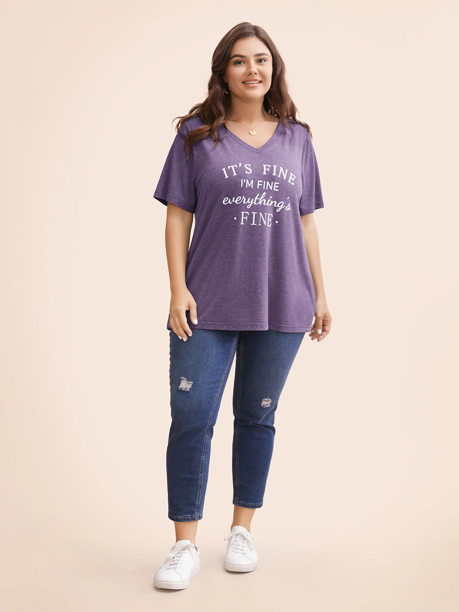 Letter Print V Neck T-shirt - Image 2