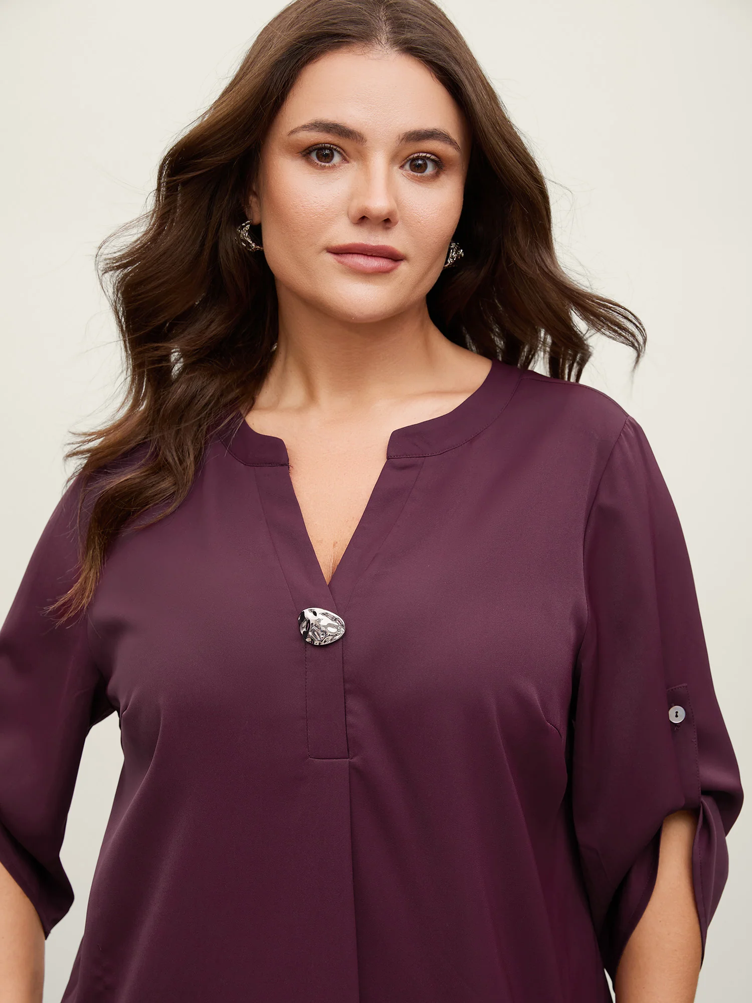 Metal Buckle Neckline Solid Blouse - Image 2