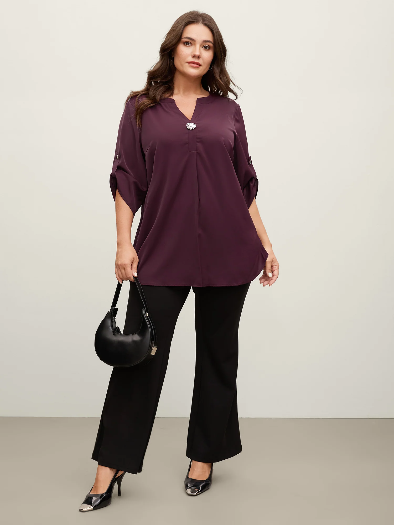 Metal Buckle Neckline Solid Blouse - Image 4