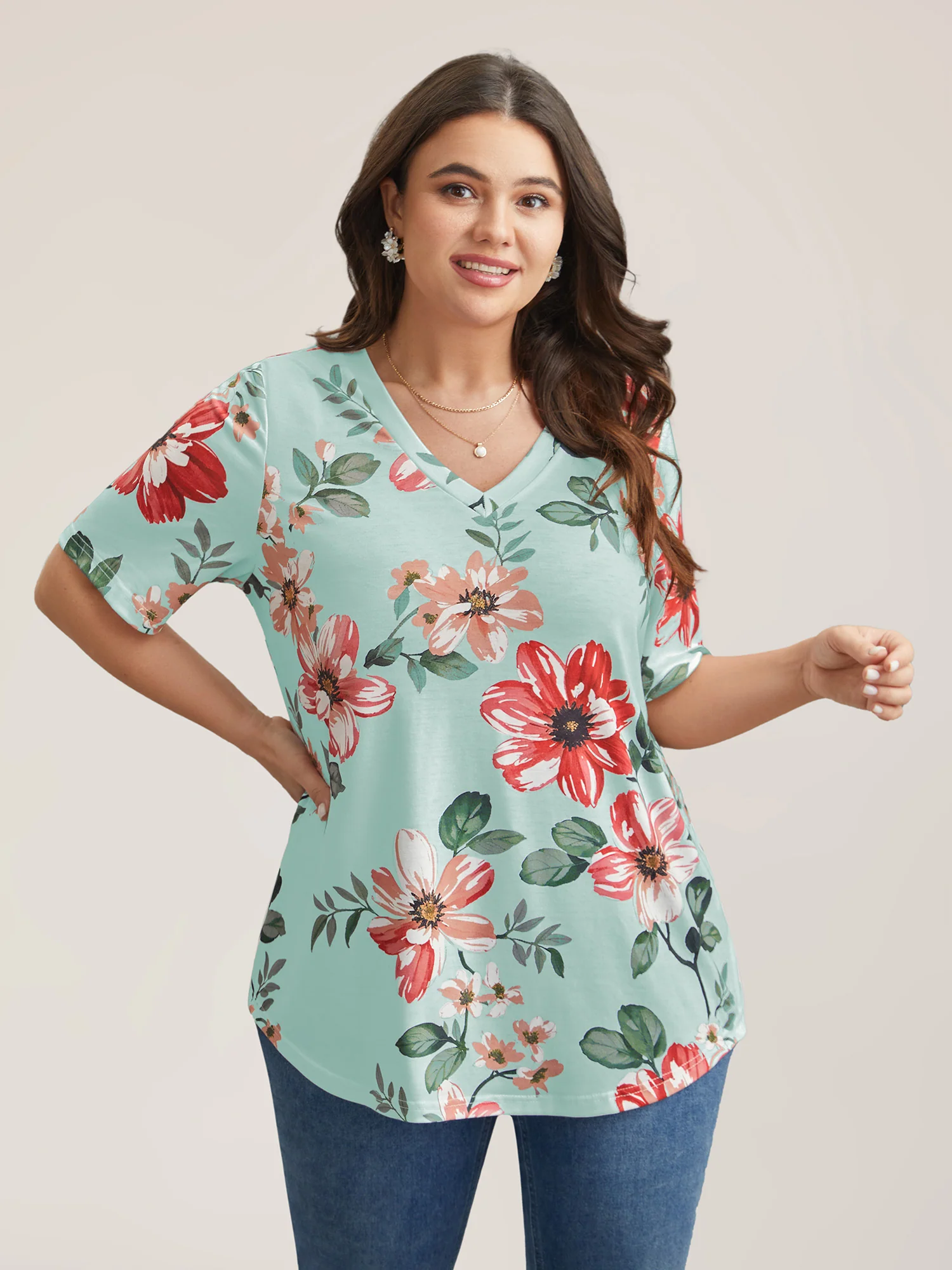 Multi-Color Floral Print V-Neck T-Shirt - Image 9