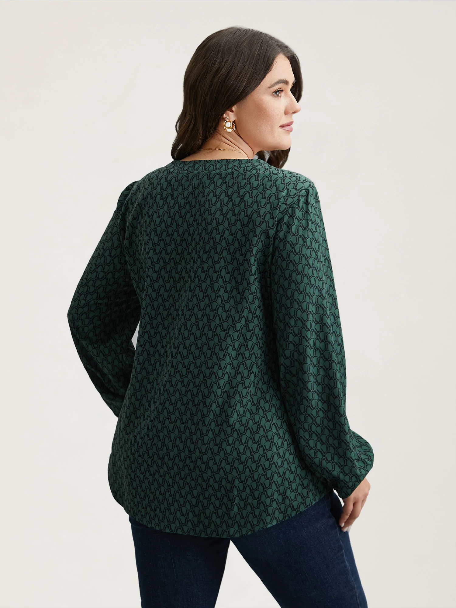 Notched Collar Geometric Print Flowy Blouse - Image 4