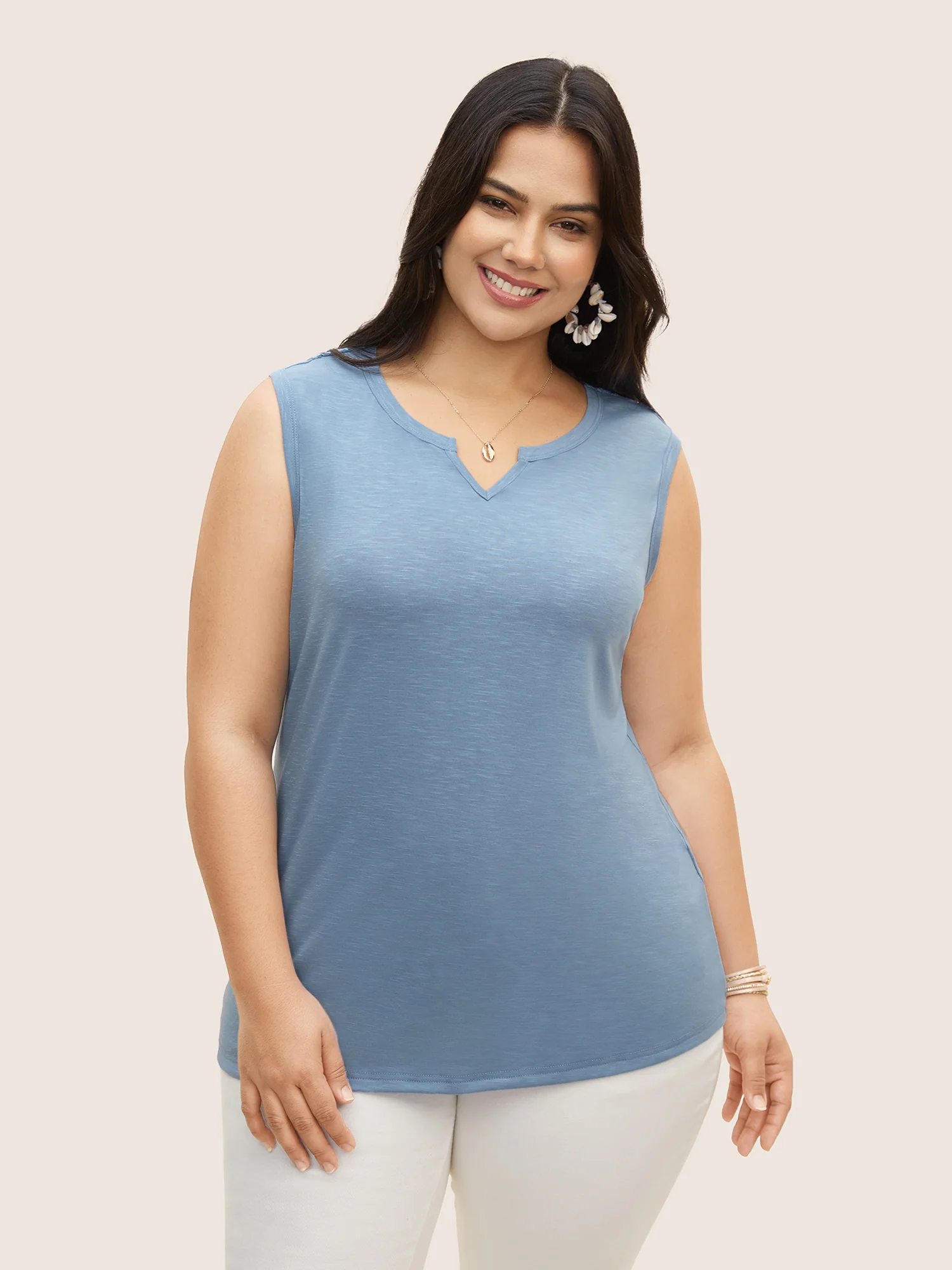 Notched Collar Plain Cut Out Tank Top - Image 2