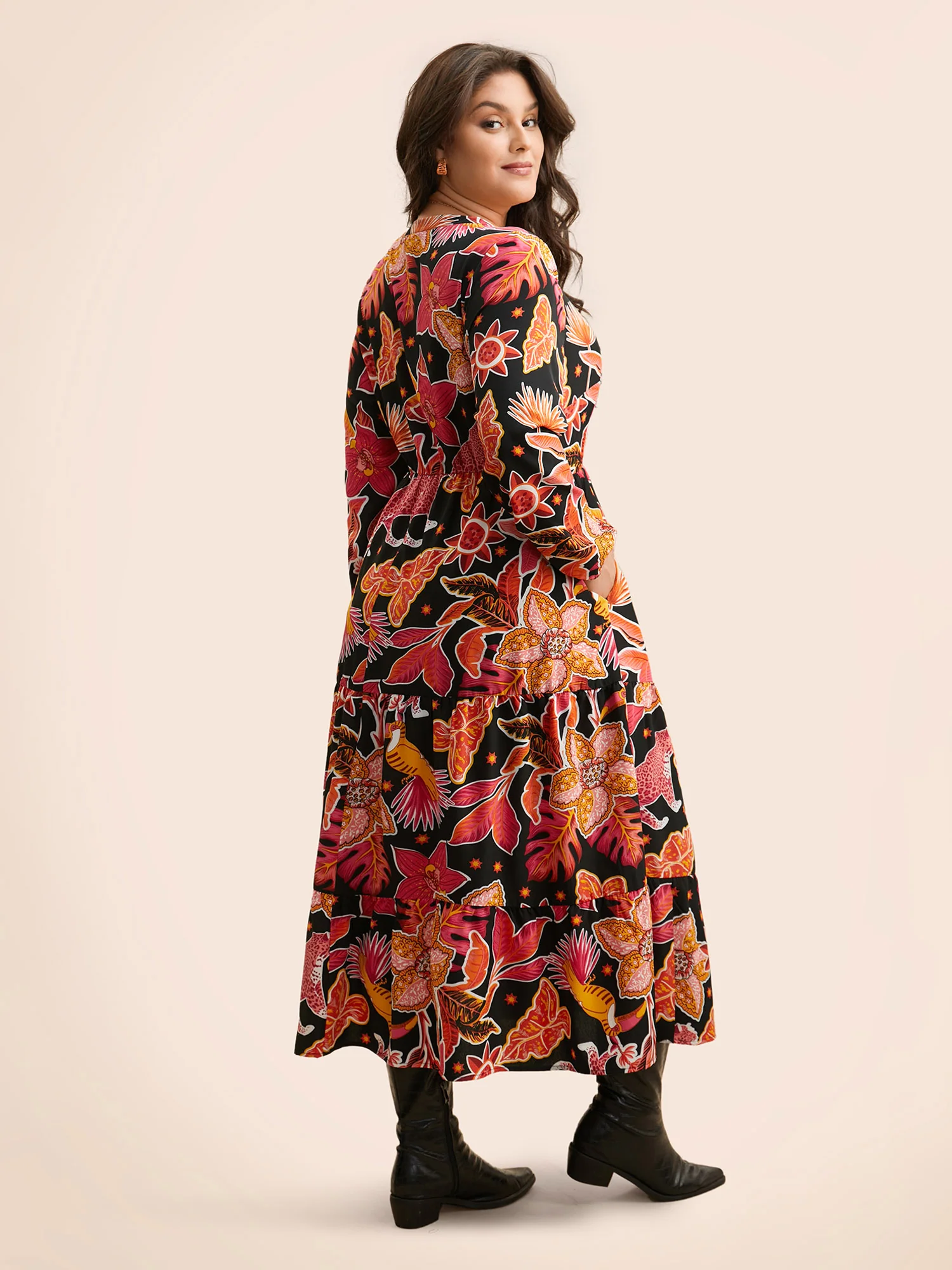 Notched Floral Elastic Waist Maxi Dress - Image 4