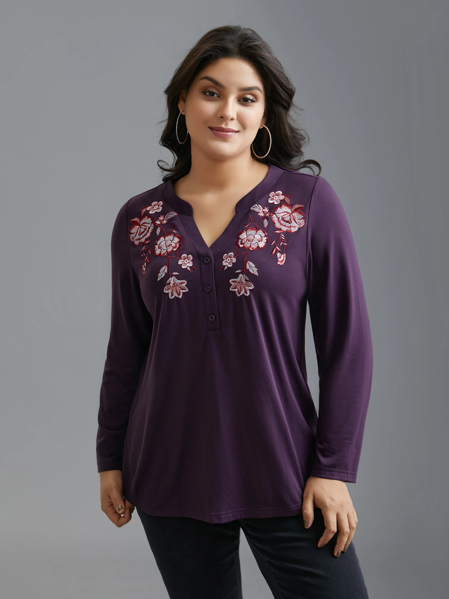 Notched Floral Embroidered  Button Top - Image 3