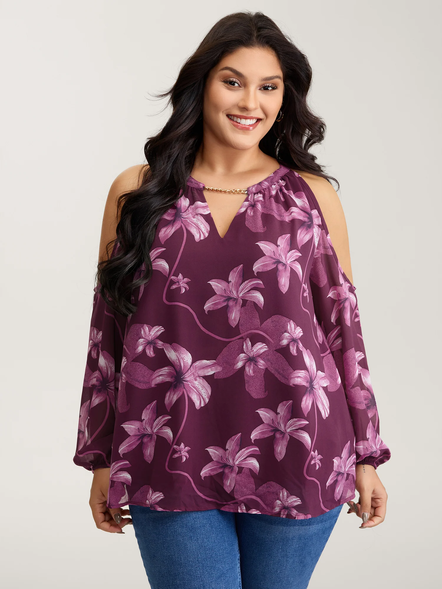 Off-Shoulder Floral Print Metal Detail Blouse - Image 2