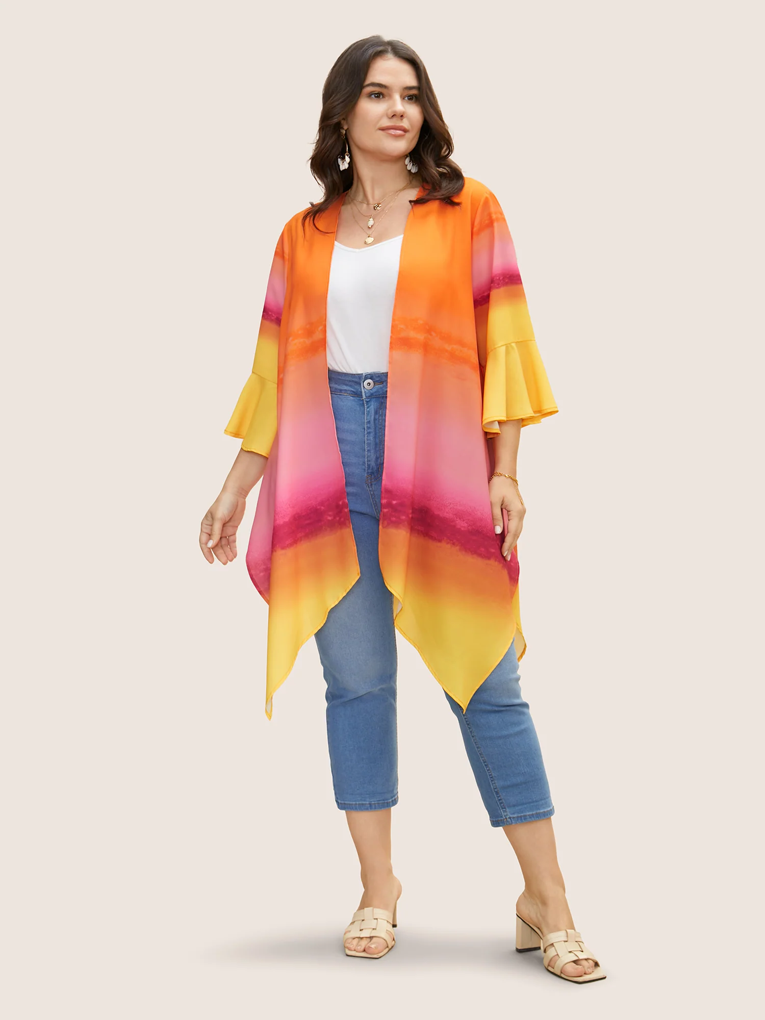 Ombre Ruffle Sleeve Asymmetrical Hem Kimono - Image 2