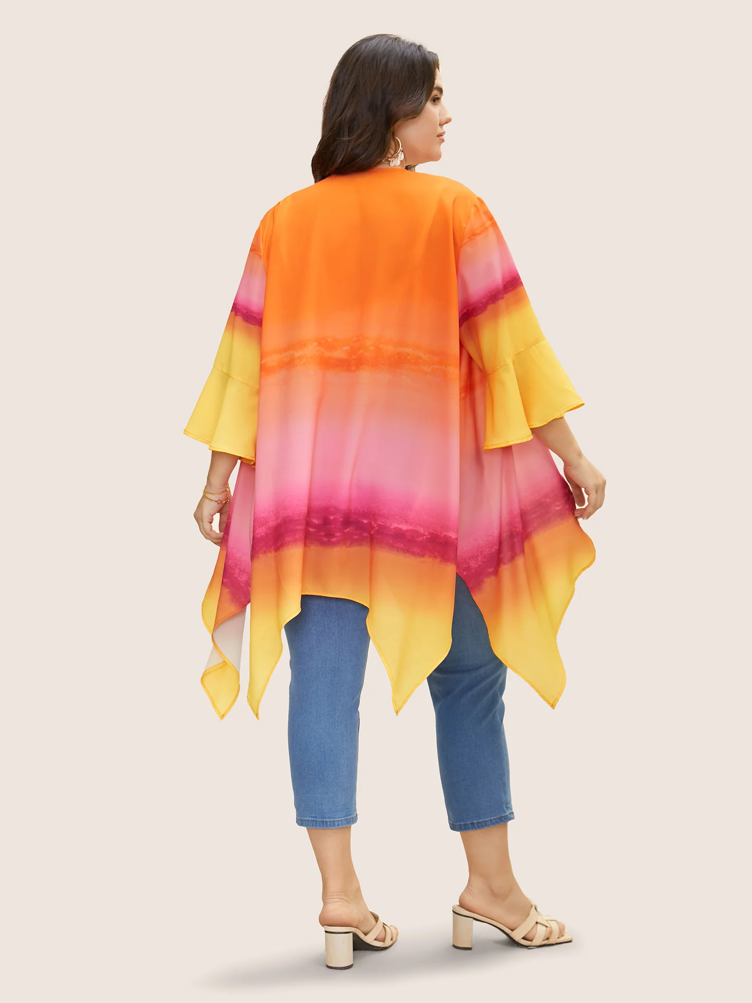 Ombre Ruffle Sleeve Asymmetrical Hem Kimono - Image 3