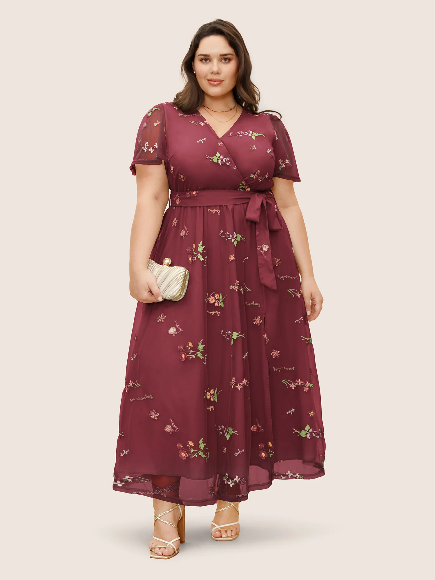 Overlap Collar Mesh Floral Embroidered Dress - Image 12