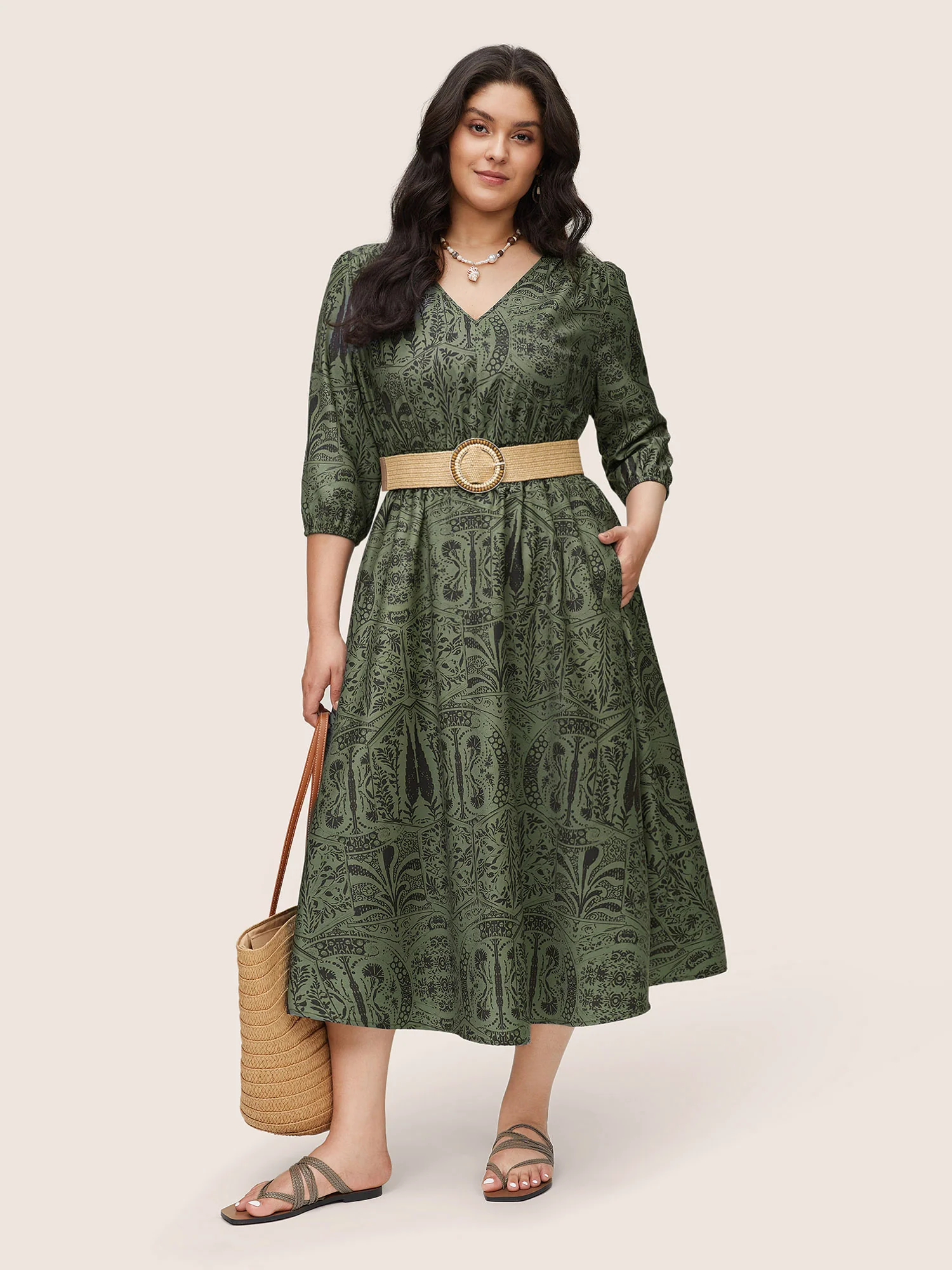 Paisley Print Shirred Lantern Sleeve Dress