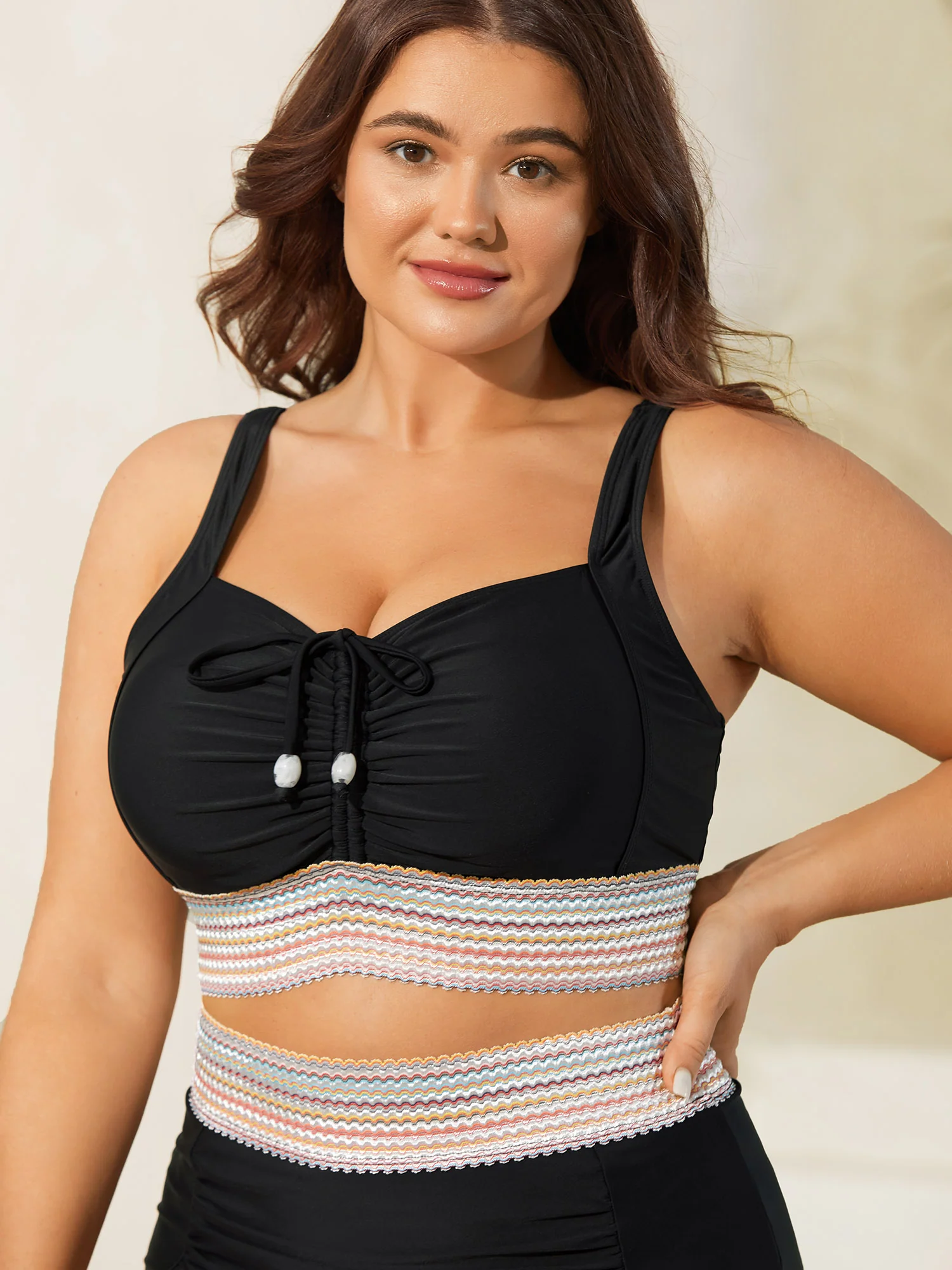 Patchwork Ruched Drawstring Swim Top