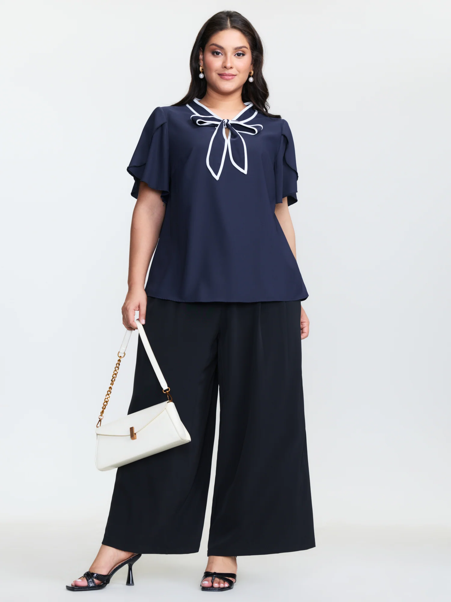 Petal Sleeve Ribbon Neckline Blouse - Image 3