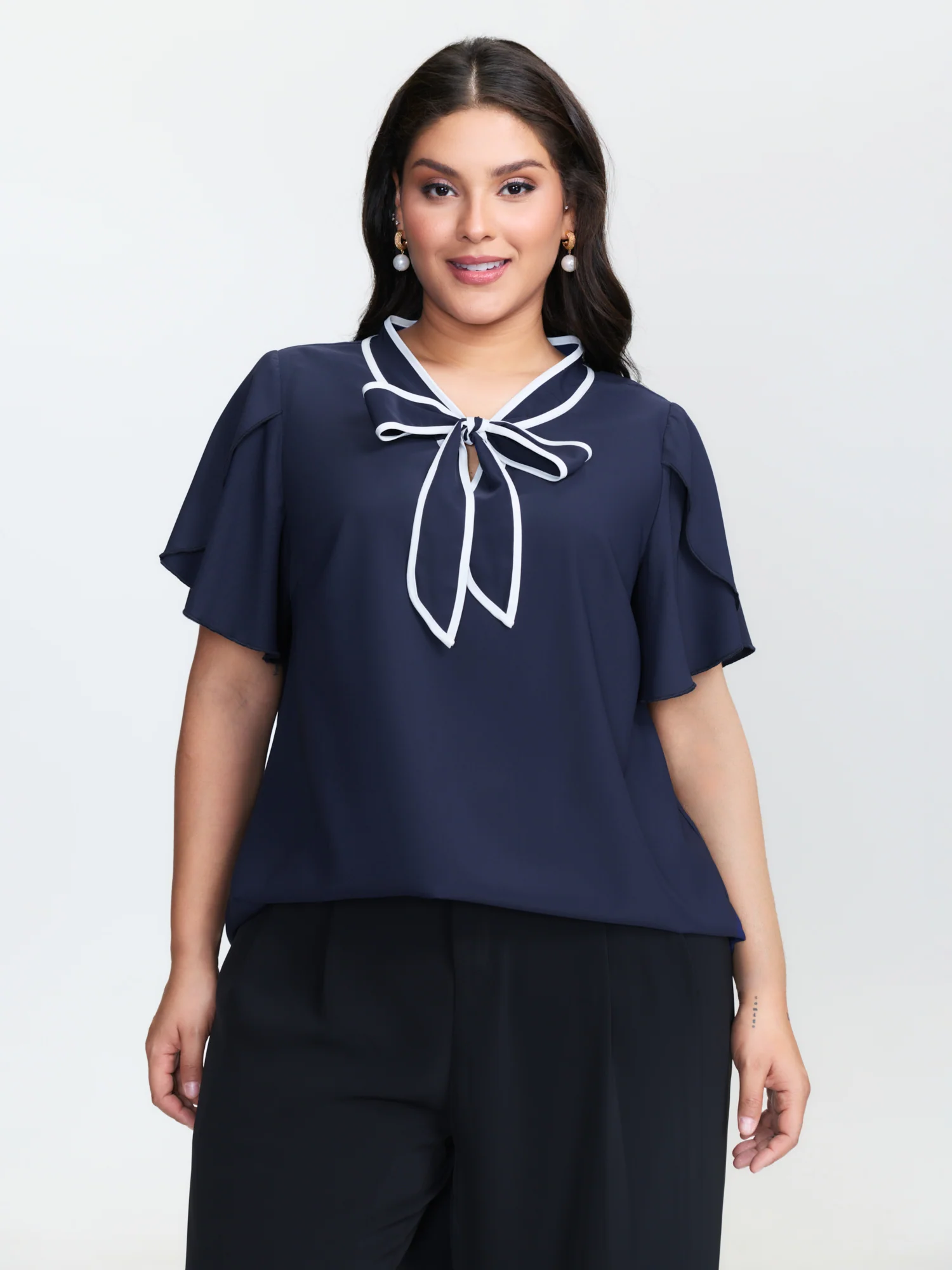 Petal Sleeve Ribbon Neckline Blouse - Image 4