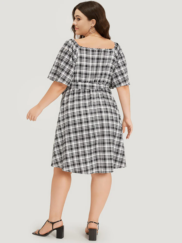 Plaid Belted Pocket Button Detail Square Neck Dress - Image 4