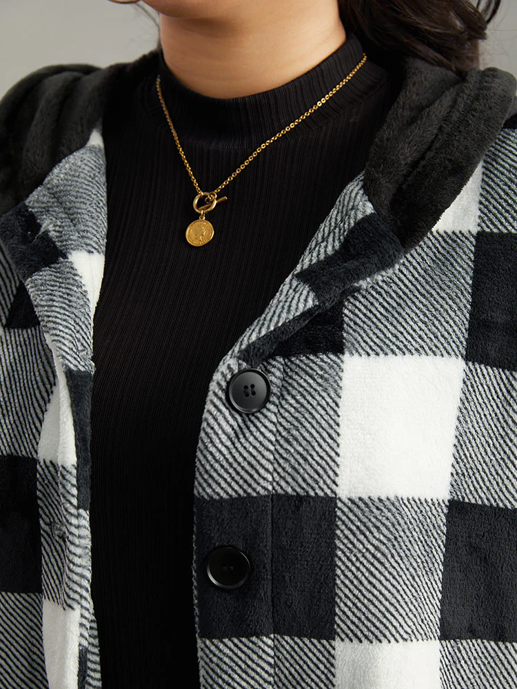 Plaid Button Through Patchwork Hooded Jacket - Image 7