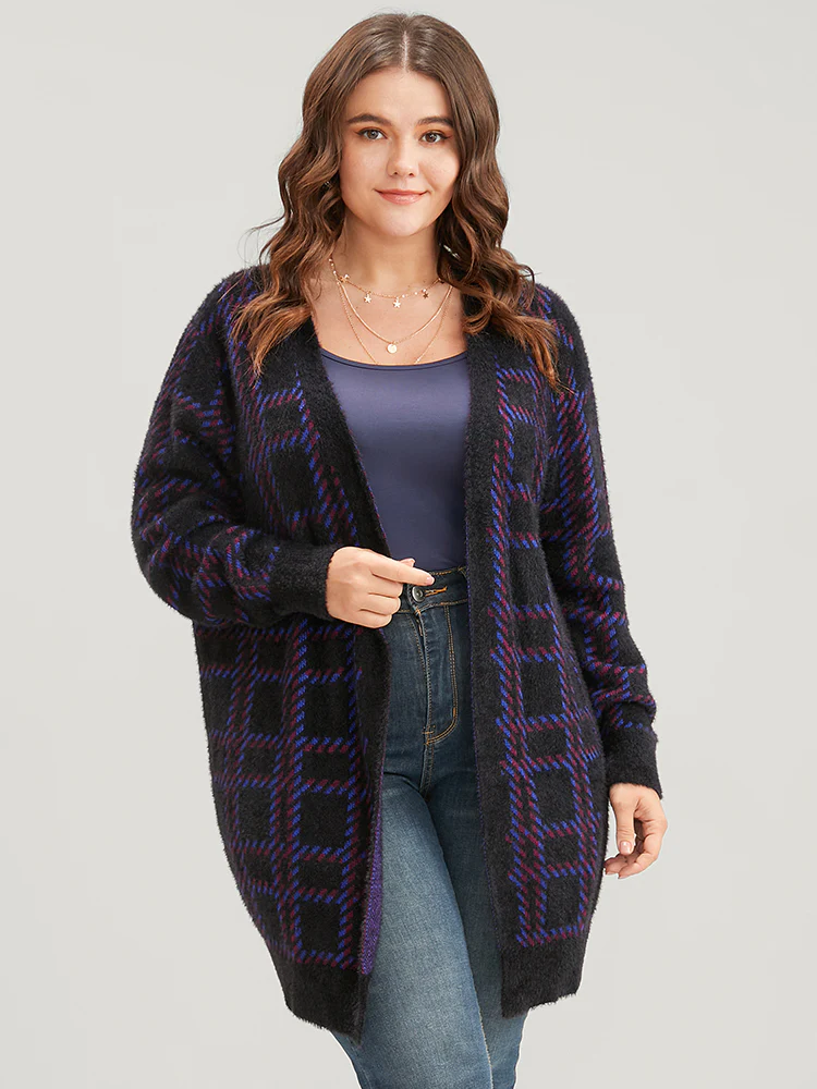Plaid Contrast Soft Sexy Yarn Knit Fluffy Open Front Cardigan - Image 2