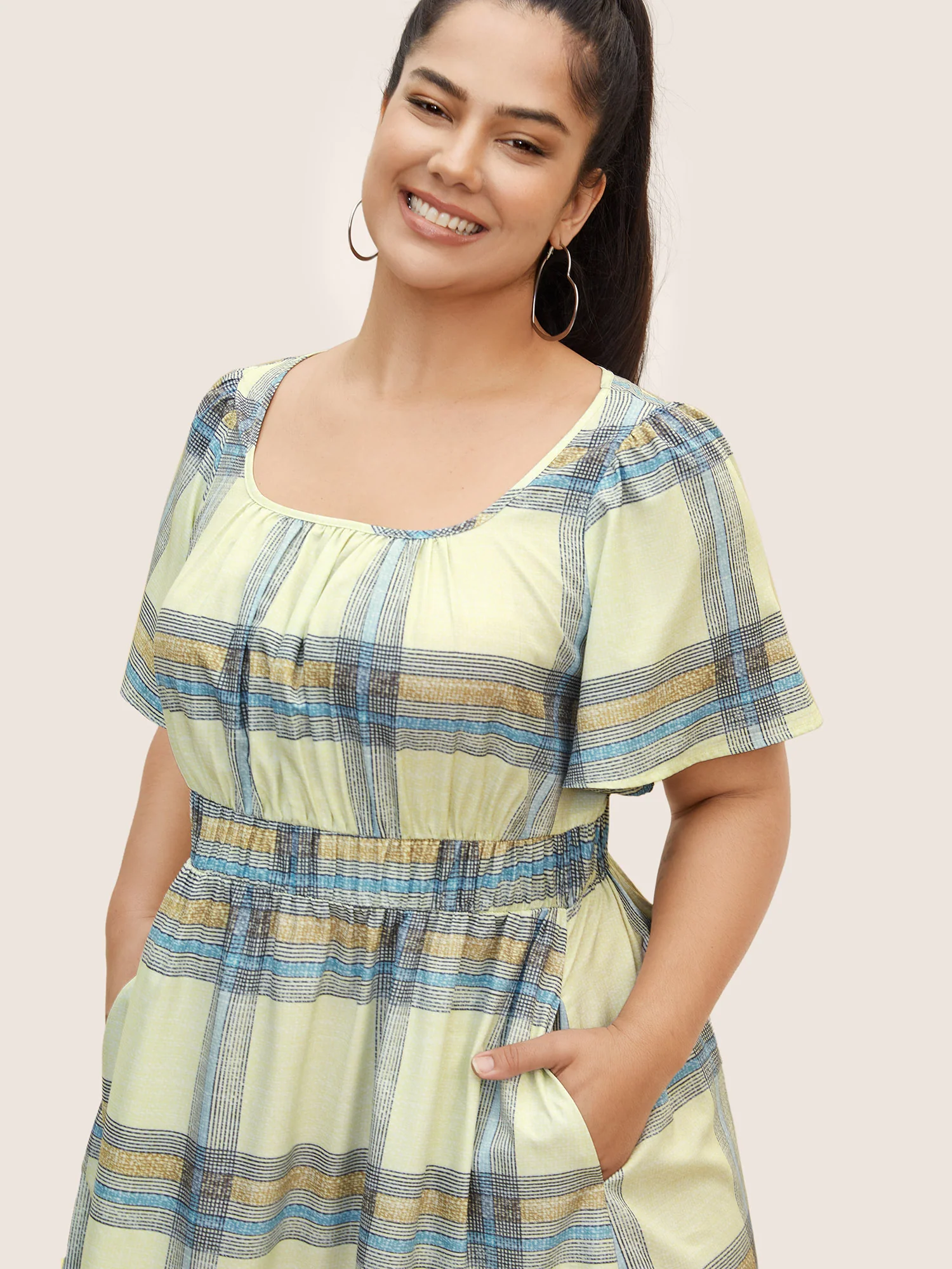 Plaid Elastic Waist Gathered Midi Dress - Image 2