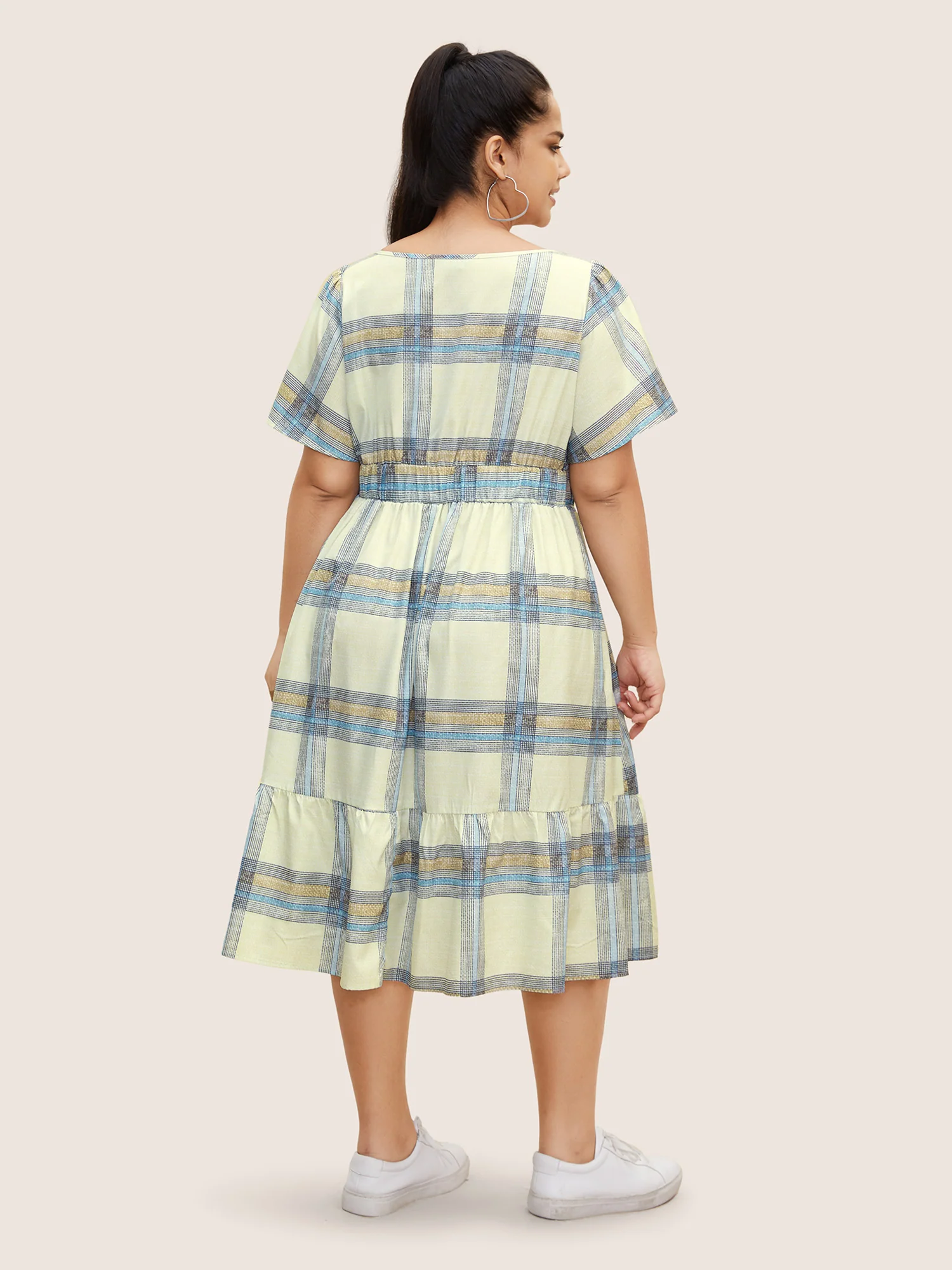 Plaid Elastic Waist Gathered Midi Dress - Image 4