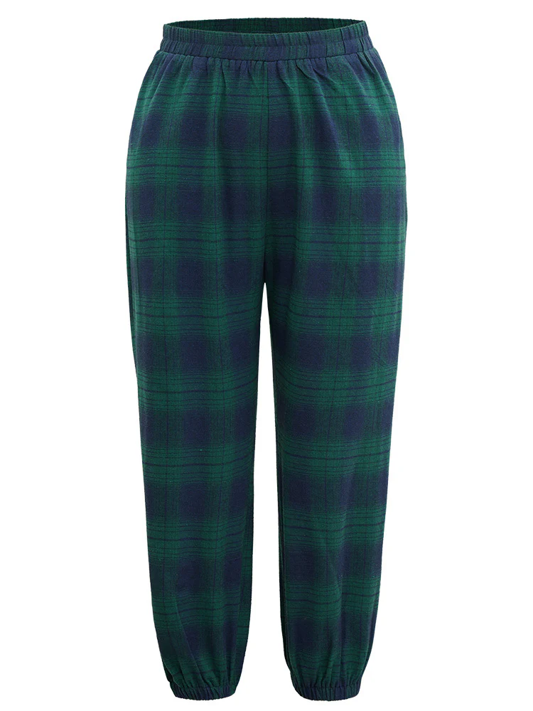 Plaid Elastic Waist Pocket Carrot Sleep Bottoms - Image 5