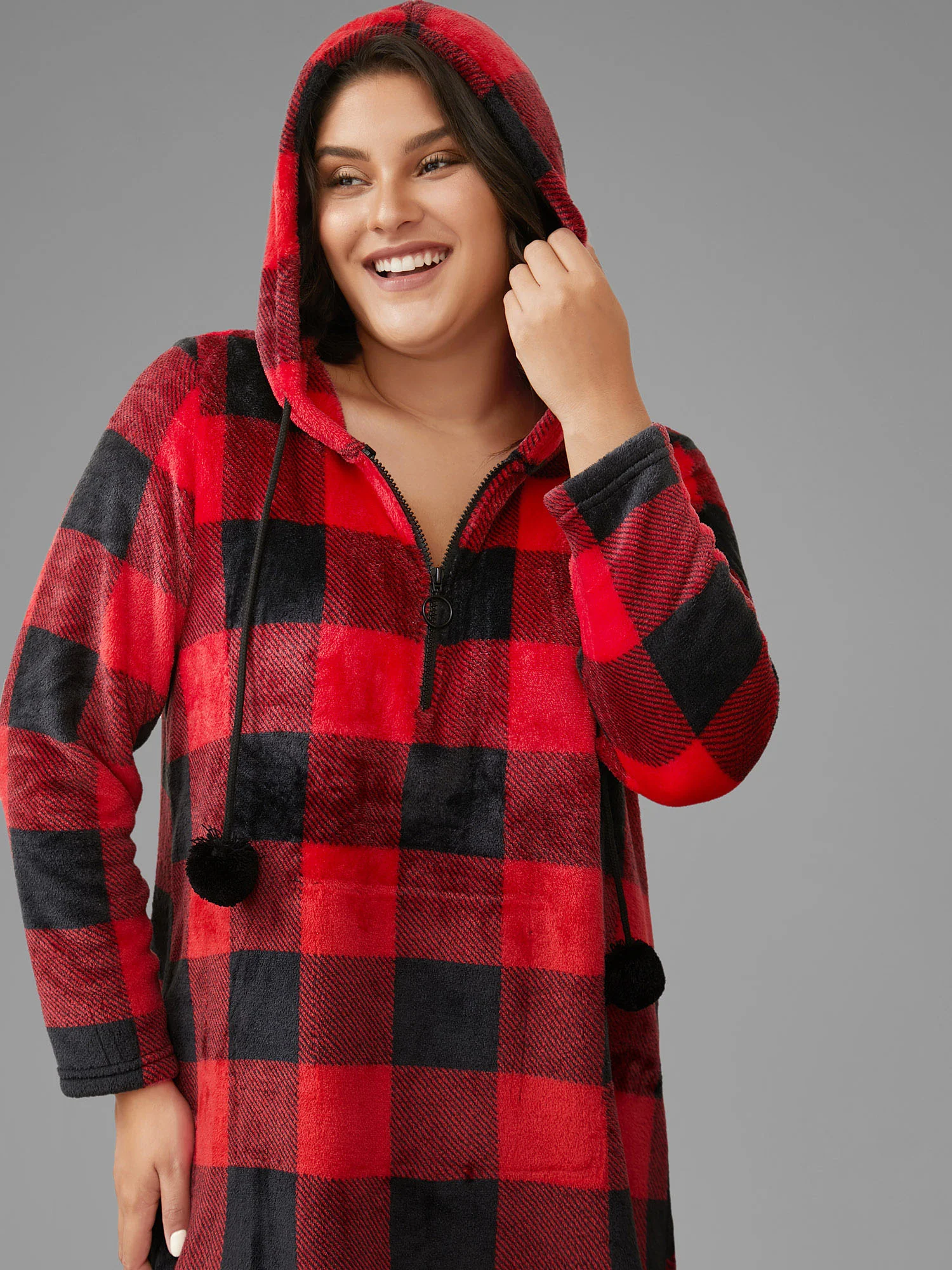 Checkered Hooded Flannel Sleep Midi Dress - Image 2