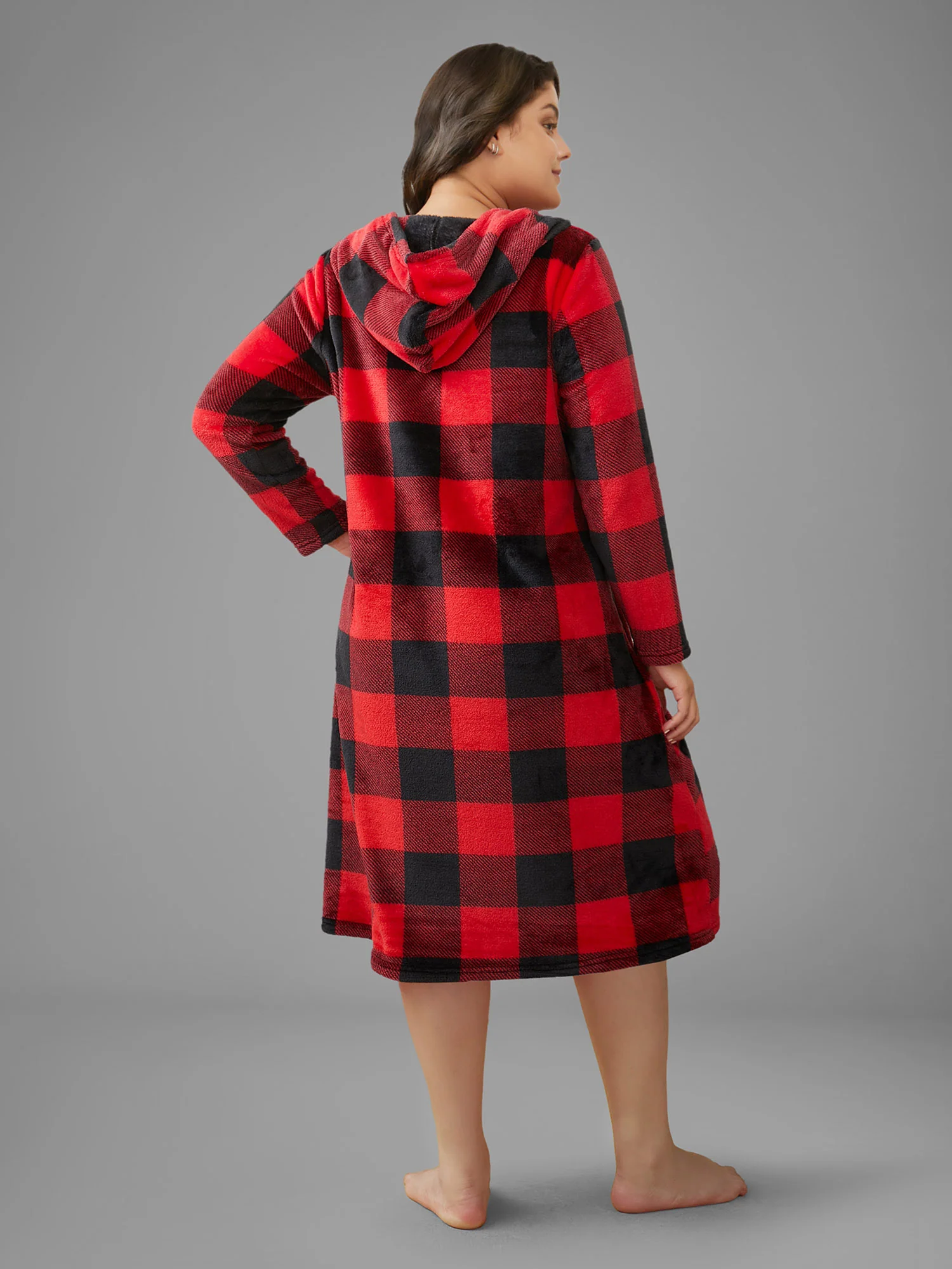 Checkered Hooded Flannel Sleep Midi Dress - Image 4