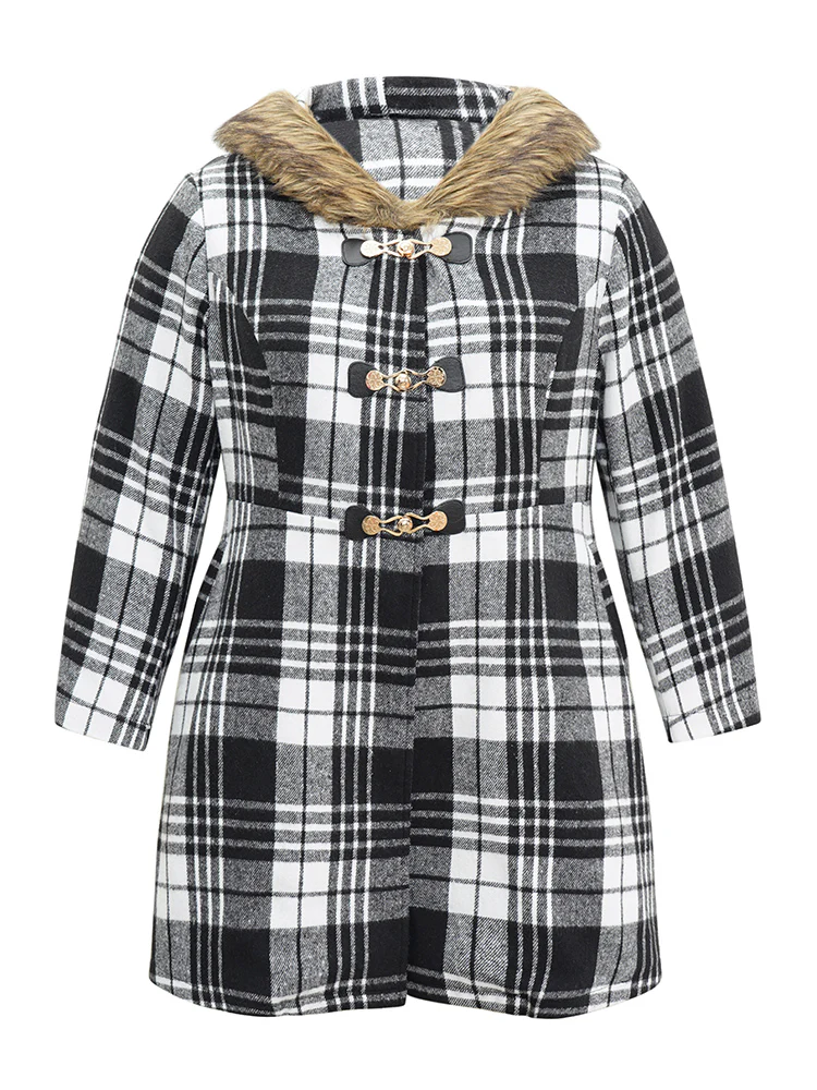 Plaid Patchwork Duffle Button Fuzzy Trim Coat - Image 6