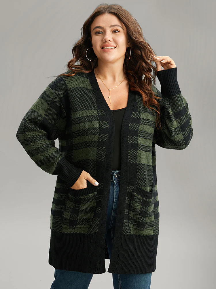 Plaid Patchwork Split Side Open Front Cardigan