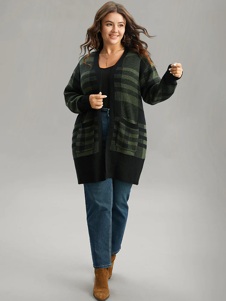 Plaid Patchwork Split Side Open Front Cardigan - Image 4