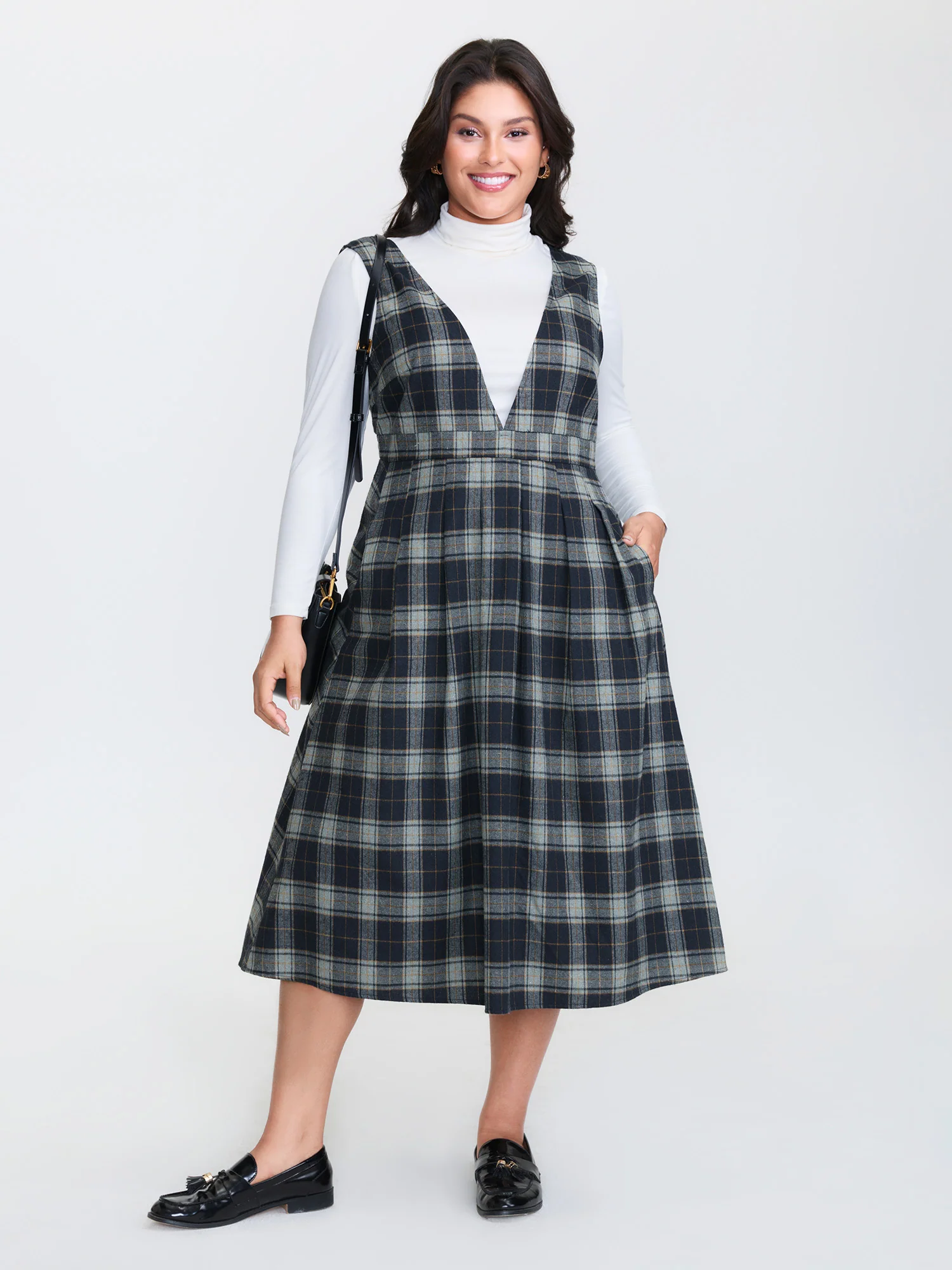 Plaid Pattern Deep V-Neck Midi Dress