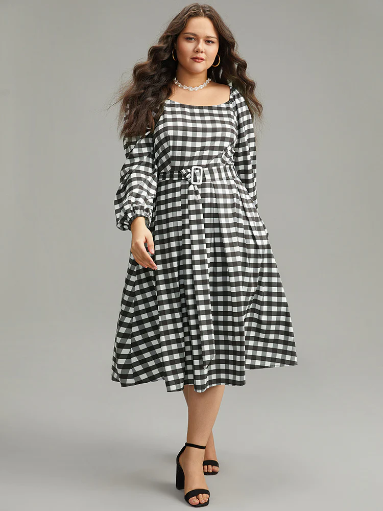 Halloween Plaid Print Belted Square Neck Lantern Sleeve Dress