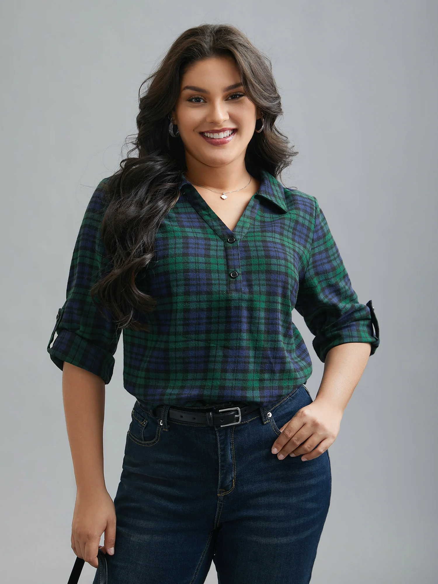 Plaid Print Tab Sleeve Blouse - Image 4