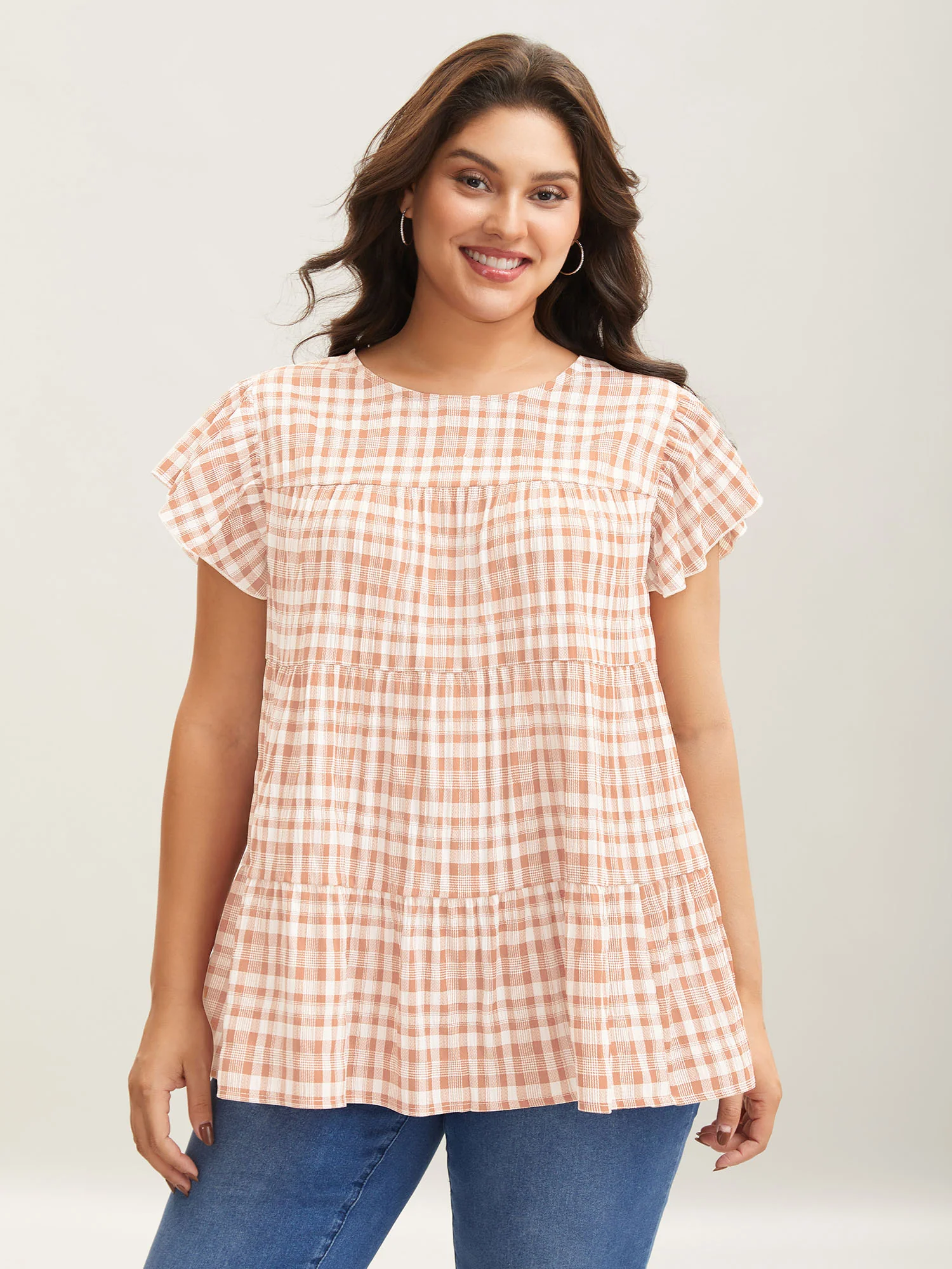 Plaid Print Textured Lotus Leaf Sleeve Shirt - Image 8