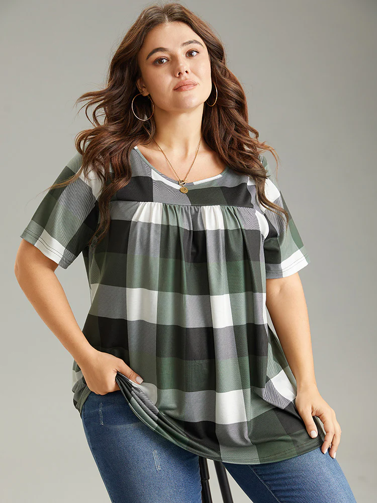 Plaid Round Neck Gathered T-shirt - Image 6