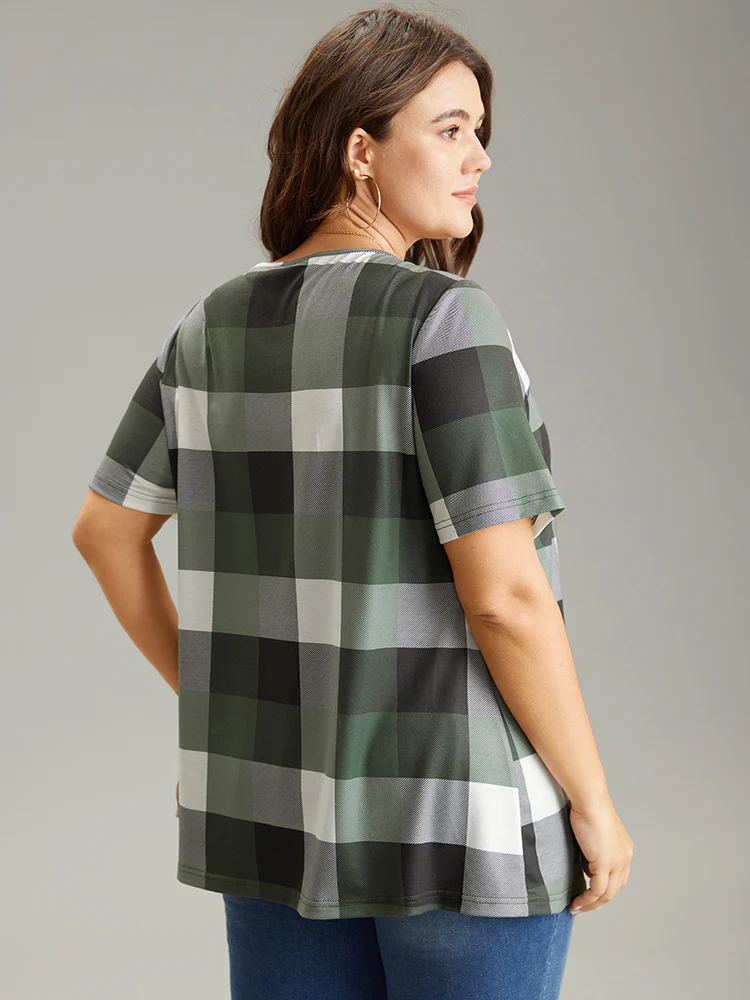 Plaid Round Neck Gathered T-shirt - Image 7