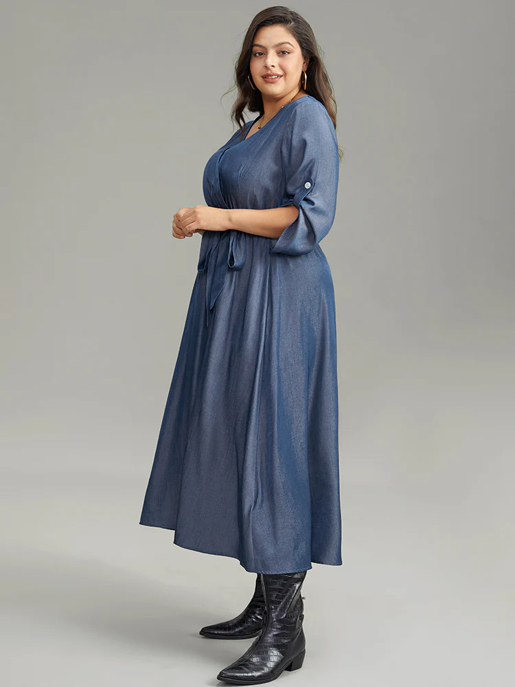 Plain Button Detail Wrap Belted Tab Sleeve Dress - Image 3