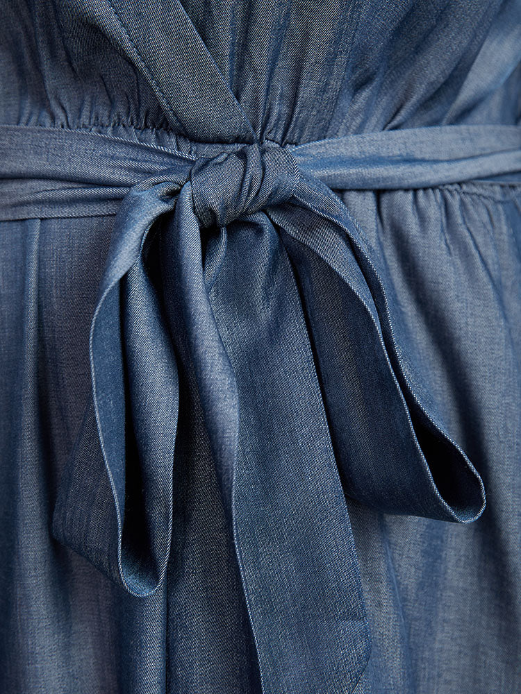 Plain Button Detail Wrap Belted Tab Sleeve Dress - Image 6