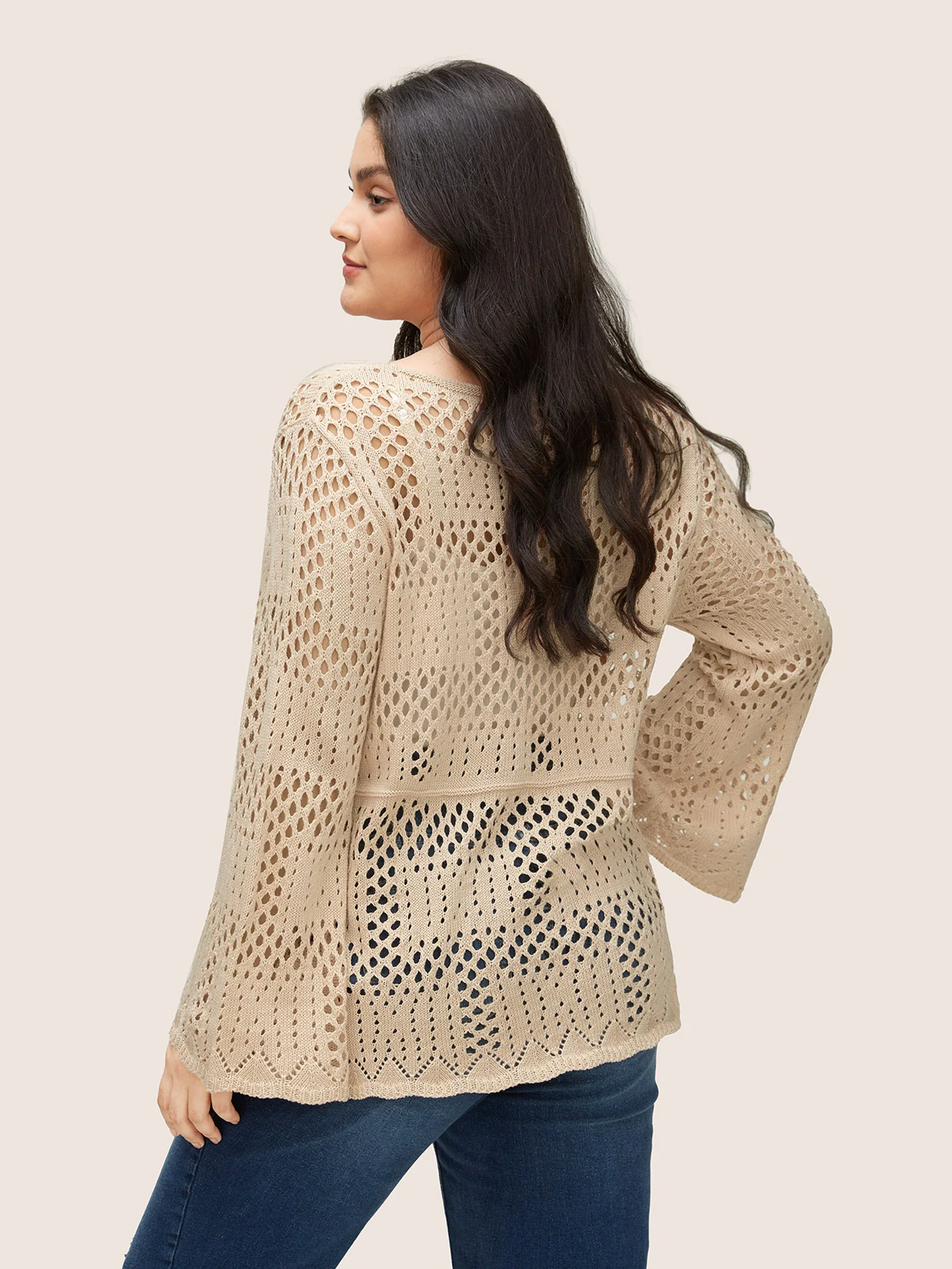 Plain Cable Knit Scoop Neck Bell Sleeve Pullover - Image 2