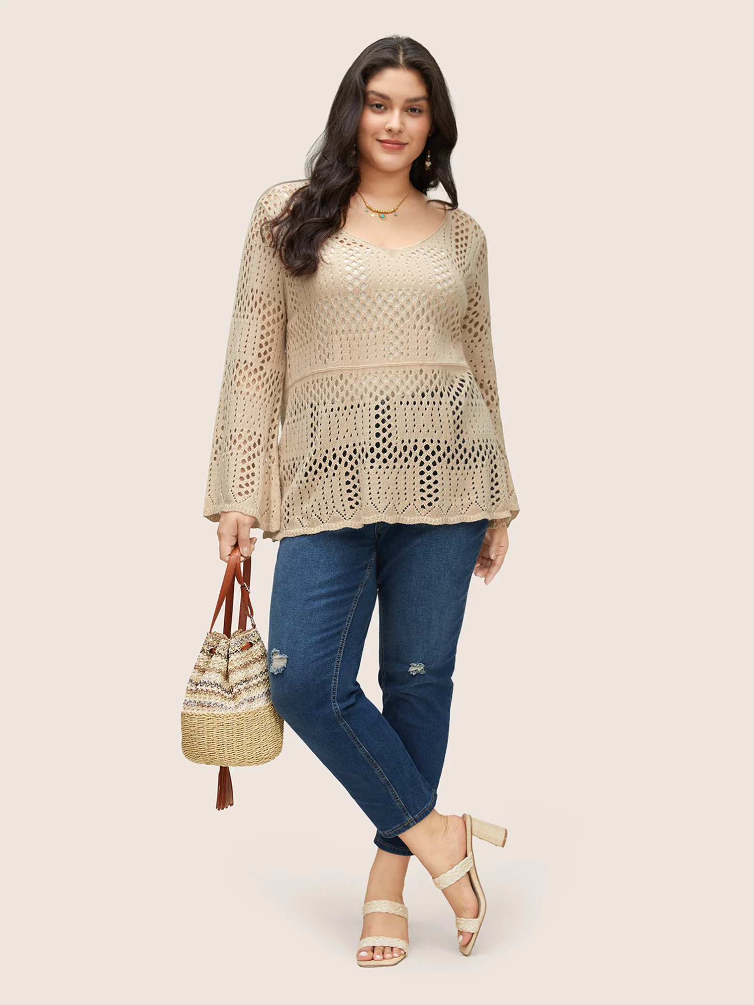 Plain Cable Knit Scoop Neck Bell Sleeve Pullover - Image 3