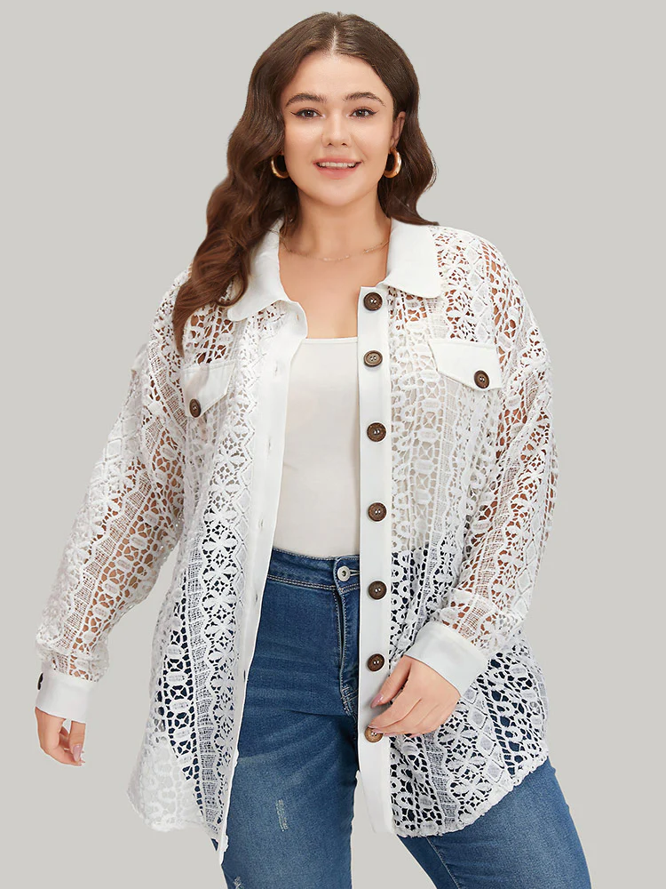 Plain Cut Out Lace Patchwork Button Through Jacket