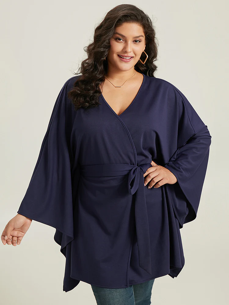 Plain Drape  Surplice Neck Belted Kimono - Image 5