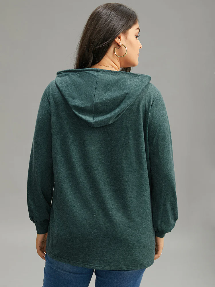 Plain Drawstring Button Up Hooded Elastic Cuffs Sweatshirt - Image 2